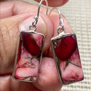 RED ROSE DAHLIA TURQUOISE EARRINGS In Solid Sterling Silver 925